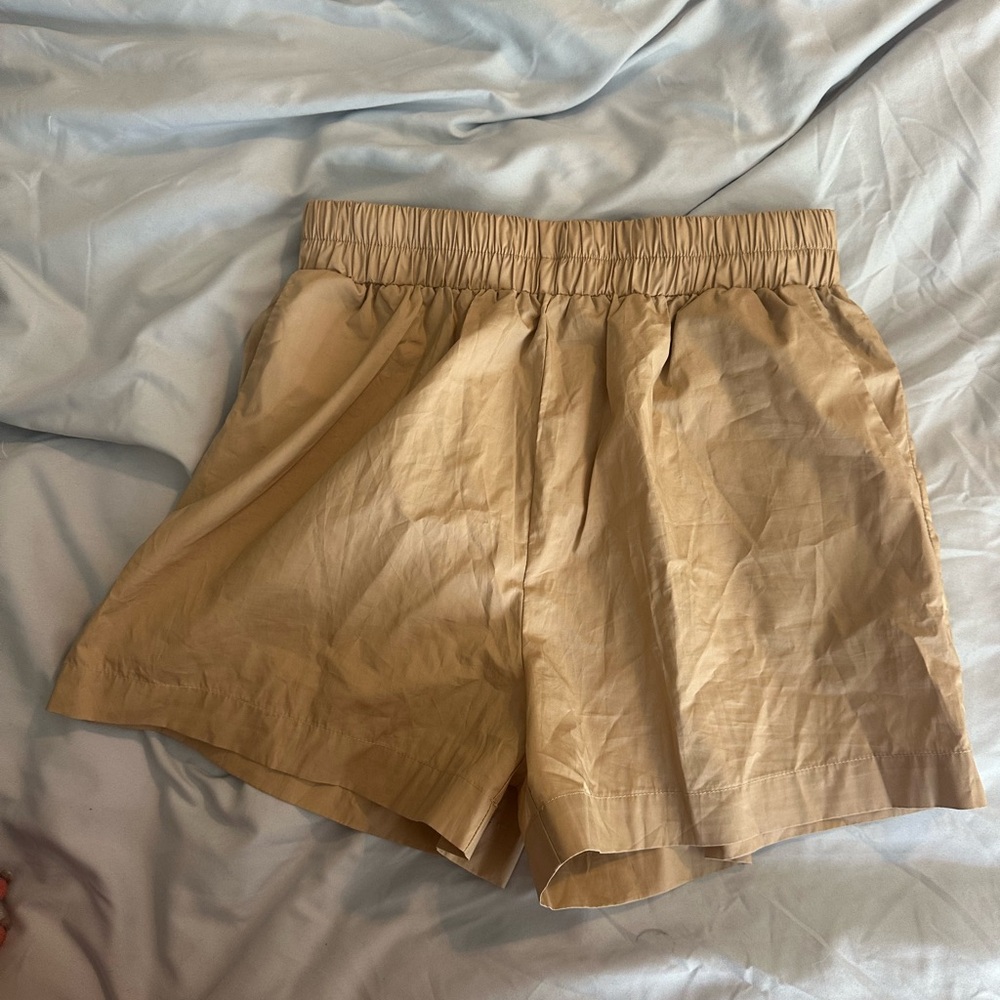 Cinched High Waist Tan Shorts with Elastic Waistband